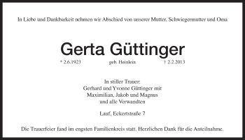 Traueranzeige von Gerta Güttinger von Pegnitz-Zeitung